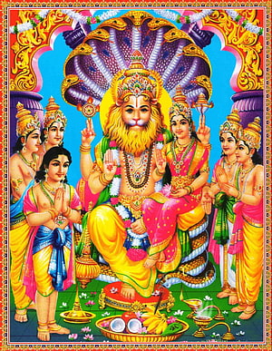 Lakshmi Narasimha Deity Painting With Four Sons And Snake Canopy HD phone wallpaper