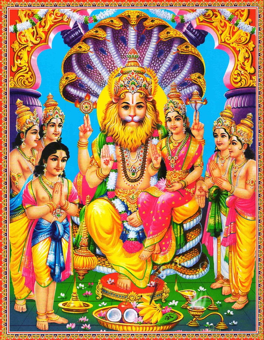 Lakshmi Narasimha Deity Painting With Four Sons And Snake Canopy HD phone wallpaper