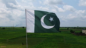 Pakistani National Flag Waving Over Lush Green Agricultural Fields Under a Cloudy Sky HD wallpaper
