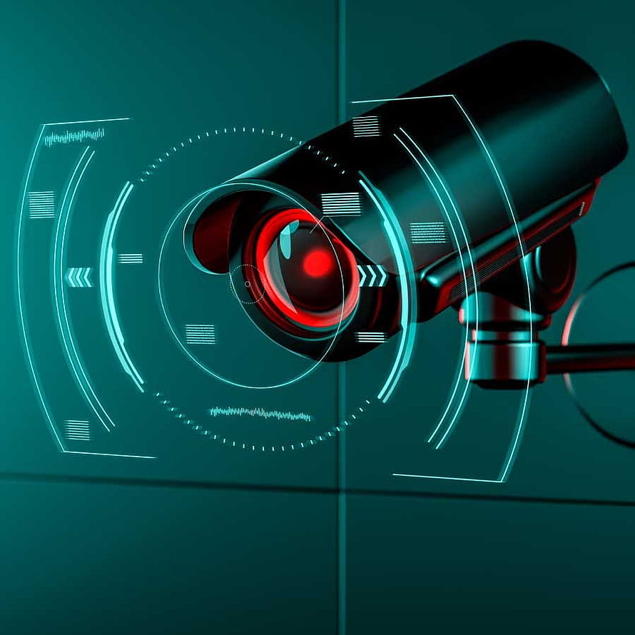 Futuristic CCTV Surveillance Camera with Red Lens and Holographic Interface HD phone wallpaper