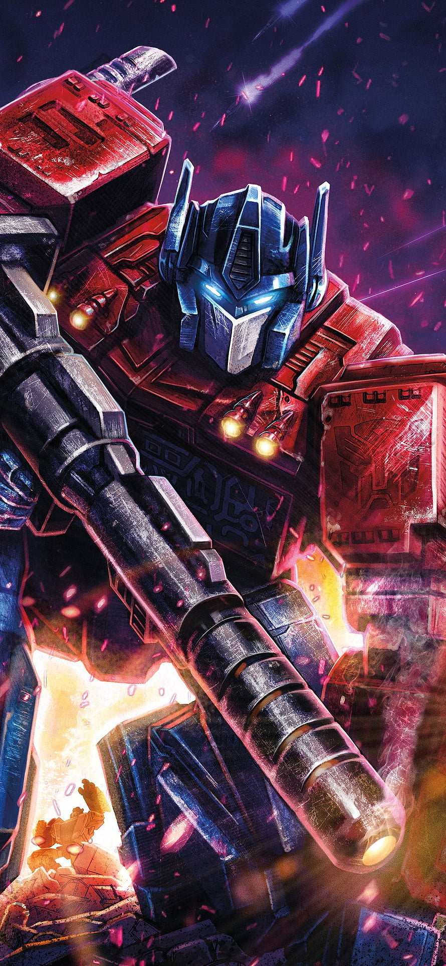 Optimus Prime Battle Scene with Cannon and Debris in Cinematic Digital Art HD phone wallpaper