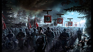 Waffen SS Soldiers Marching Through Dark Forest With Military Banners And Tanks HD wallpaper