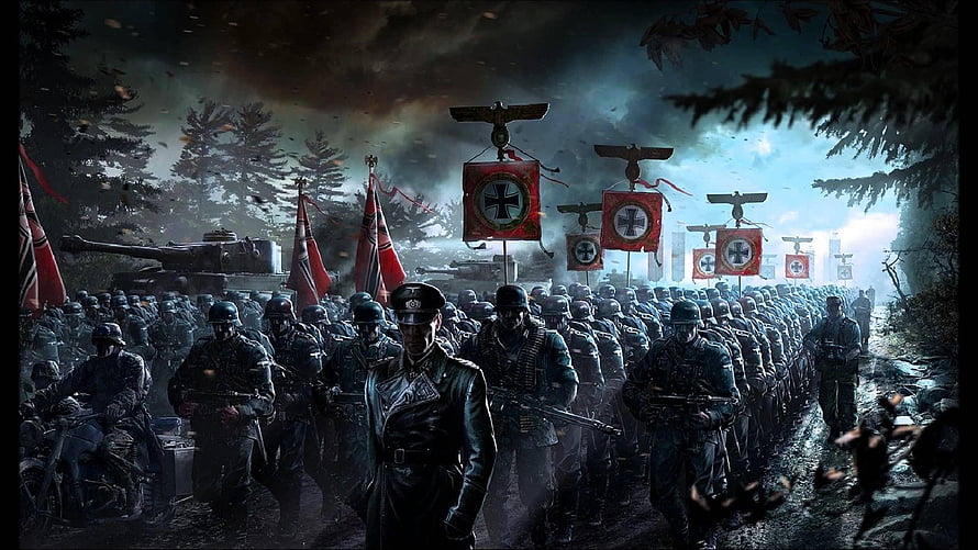 World War II German Infantry Column Marching Through Dark Forest With Military Banners, Nazi 3, nazi HD wallpaper