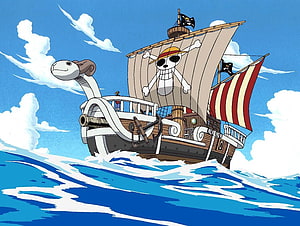 One Piece Going Merry Ship Sailing Through Blue Ocean Waves HD wallpaper