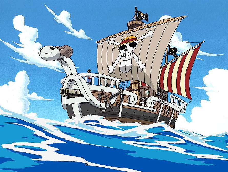 One Piece Going Merry Ship Sailing Through Blue Ocean Waves HD wallpaper