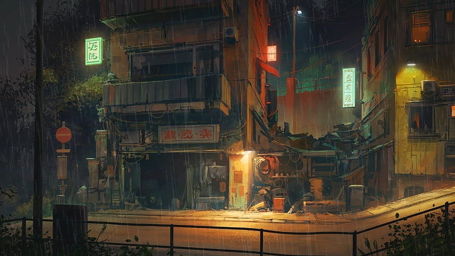 Rainy Night in a Dense Asian Cityscape with Glowing Neon Signs and Wet Streets HD wallpaper