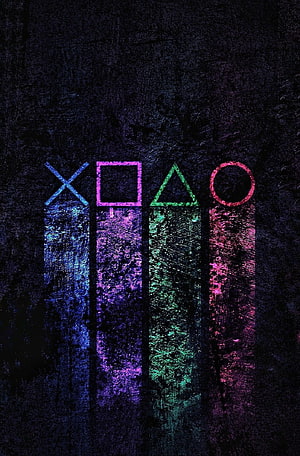 PlayStation PS5 Glowing Neon Symbols on Dark Textured Background HD phone wallpaper