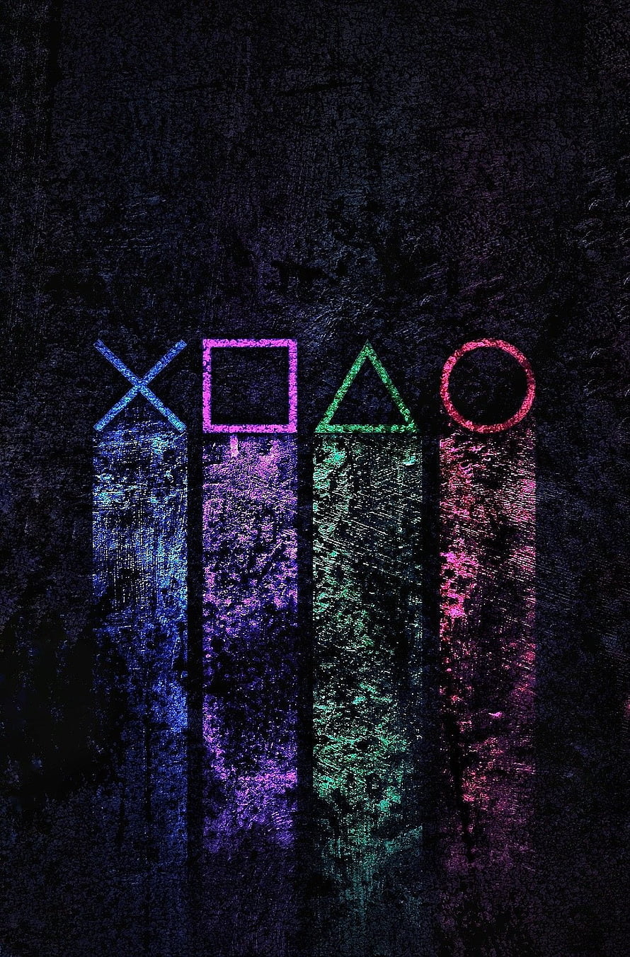PlayStation PS5 Glowing Neon Symbols on Dark Textured Background HD phone wallpaper