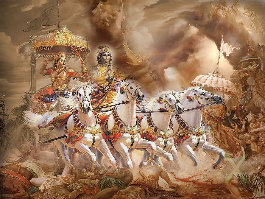 Krishna and Arjuna in the Mahabharata Chariot Battle Scene HD wallpaper
