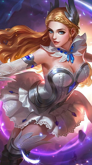 Odette from Mobile Legends in ornate silver armor with flowing blonde hair and glowing blue crystals HD phone wallpaper