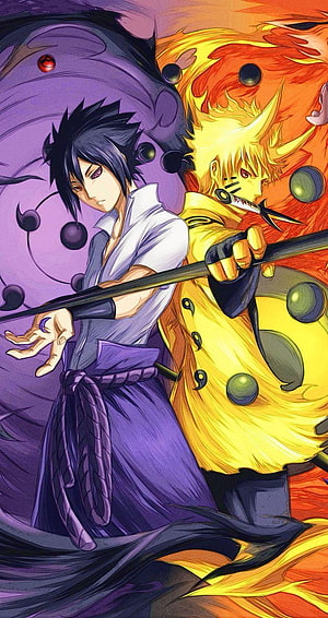 Naruto and Sasuke anime illustration with chakra energy and kunai weapons HD phone wallpaper