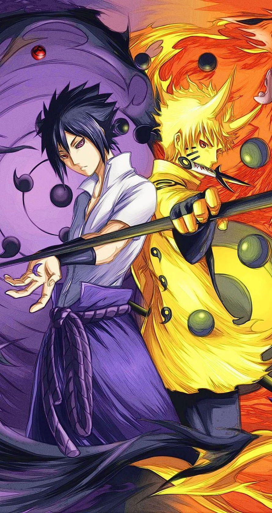 Naruto and Sasuke anime illustration with chakra energy and kunai weapons HD phone wallpaper