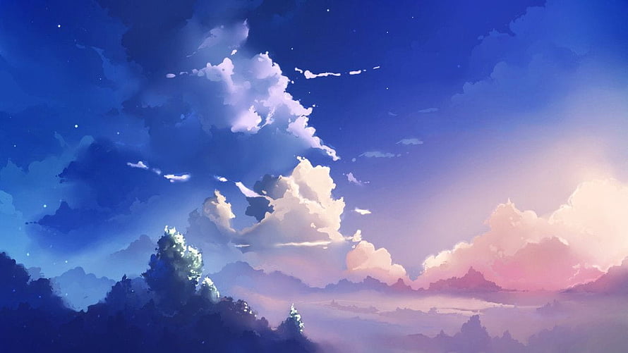 Dreamy Twilight Sky with Soft Clouds and Distant Forest Silhouette HD wallpaper