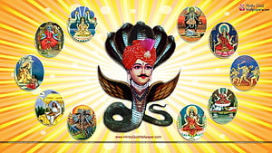 Goga Maharaj with Cobra Crown and Hindu Deity Portraits on Radiant Background HD wallpaper