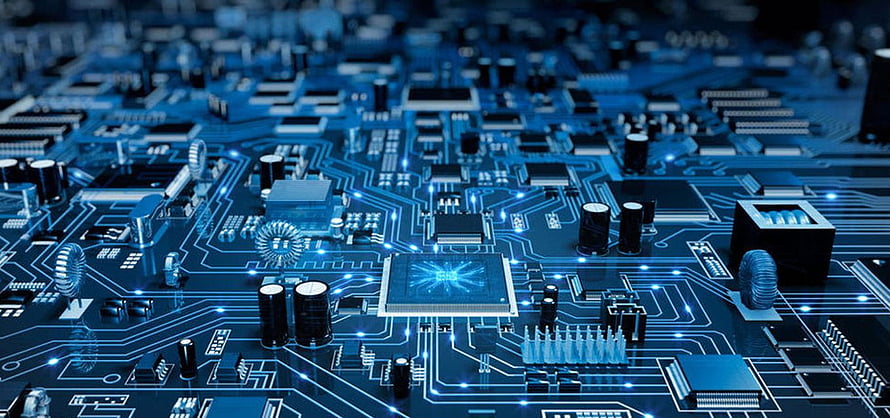 Glowing Blue Microprocessor on a Complex Printed Circuit Board with Electronic Components HD wallpaper