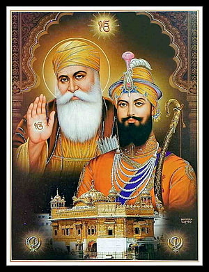 Guru Nanak Dev Ji and Guru Gobind Singh with Golden Temple and Khanda Symbols HD phone wallpaper