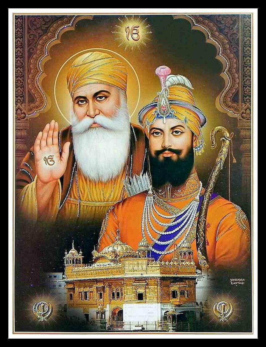Guru Nanak Dev Ji and Guru Gobind Singh with Golden Temple and Khanda Symbols HD phone wallpaper