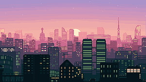 Pixel Art Cityscape at Dawn with Retro Skyline and Warm Sunset Hues HD wallpaper