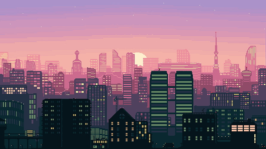 Pixel Art Cityscape at Dawn with Retro Skyline and Warm Sunset Hues HD wallpaper