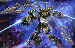 Gundam Phenex from Mobile Suit Gundam NT in Golden Armor Amidst Cosmic Nebula HD wallpaper