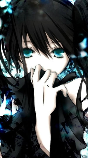 Dark Anime Girl with Turquoise Eyes and Black Hair in Moody Illustration HD phone wallpaper