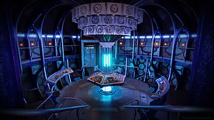TARDIS Console Room Interior with Central Column and Control Panels HD wallpaper