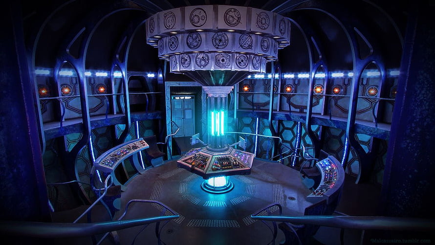 TARDIS Console Room Interior with Central Column and Control Panels HD wallpaper
