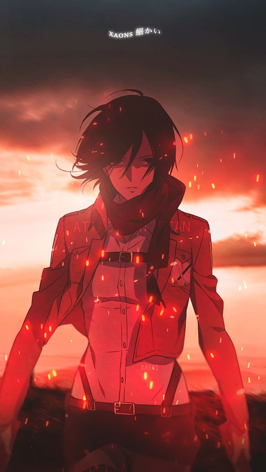 Mikasa Ackerman in Survey Corps Uniform Amidst Embers and a Fiery Sunset Sky HD phone wallpaper