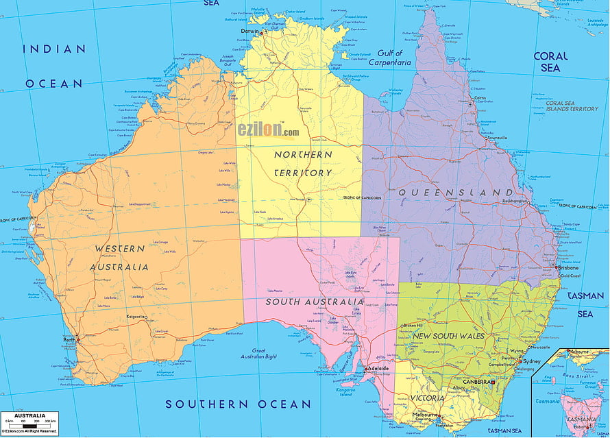 Detailed Political Map of Australia Showing States and Territories HD wallpaper