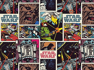 Star Wars Comic Book Panel Mural Featuring Chewbacca, Boba Fett, R2-D2, and Luke Skywalker in Retro Pop Art Style HD wallpaper