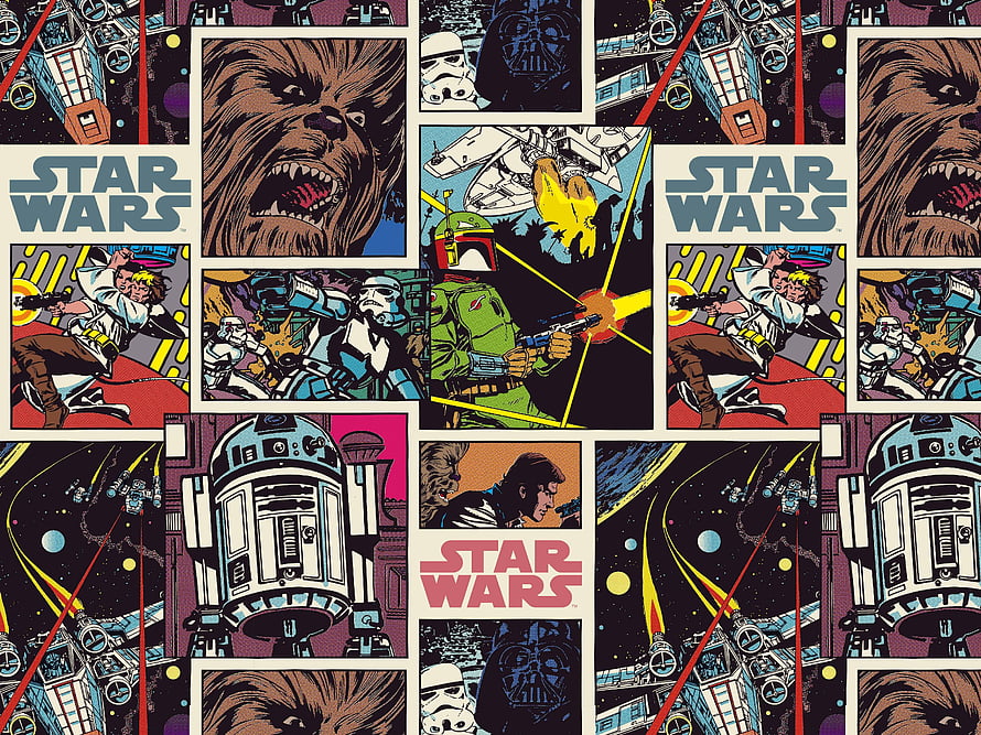 Star Wars Comic Book Panel Mural Featuring Chewbacca, Boba Fett, R2-D2, and Luke Skywalker in Retro Pop Art Style HD wallpaper