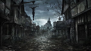 Grim Medieval Village Street with Hanging Figure and Castle Under Stormy Sky HD wallpaper