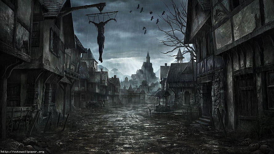 Grim Medieval Village Street with Hanging Figure and Castle Under Stormy Sky HD wallpaper
