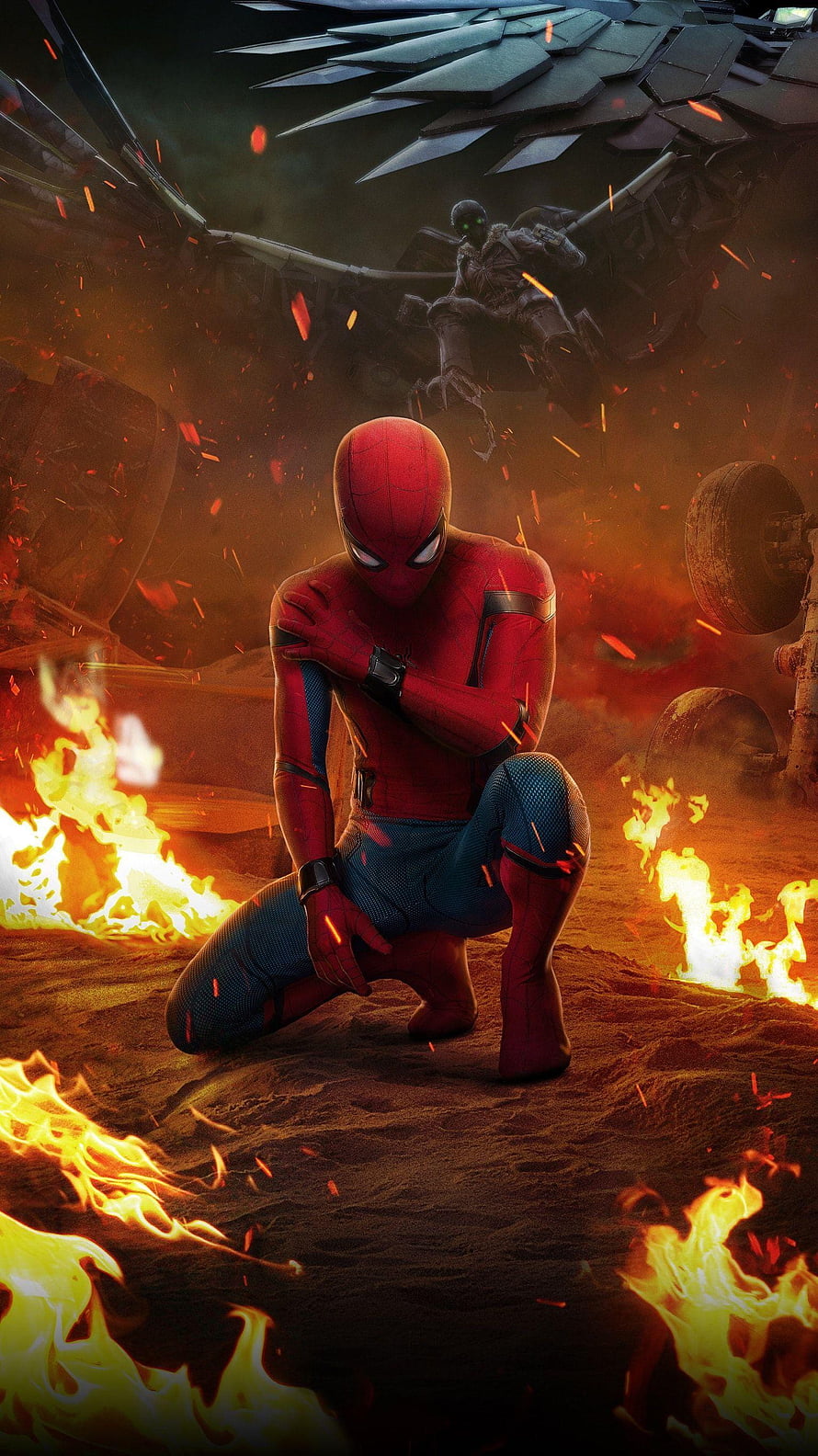 Spider-Man Crouching in Flames with War Machine in the Background HD phone wallpaper