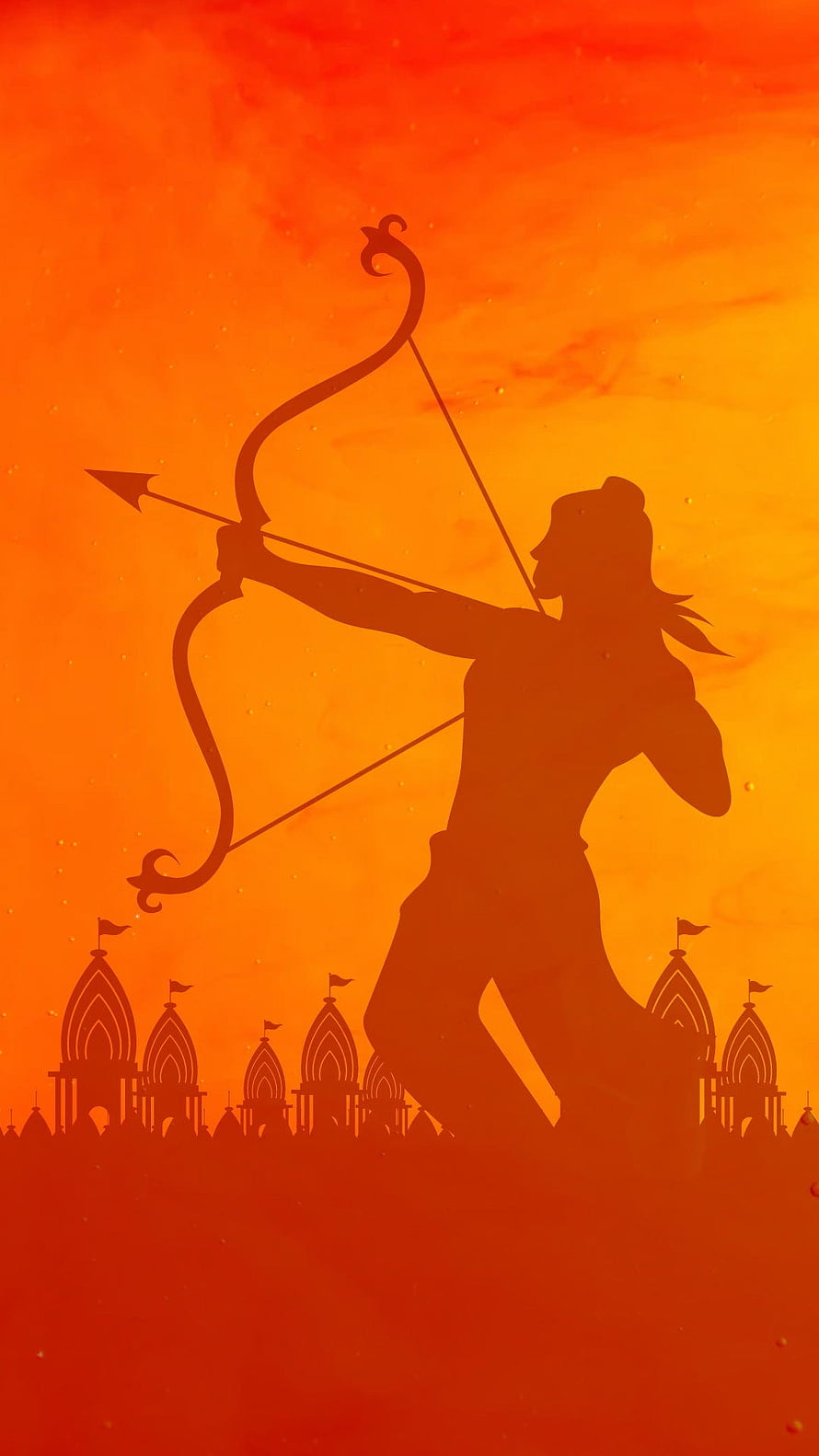 Silhouette of Archer Drawing Bow Against Orange Sky with Temple Silhouettes HD phone wallpaper