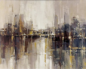 Abstract Impressionist Cityscape Oil Painting with Golden Accents and Water Reflections HD wallpaper