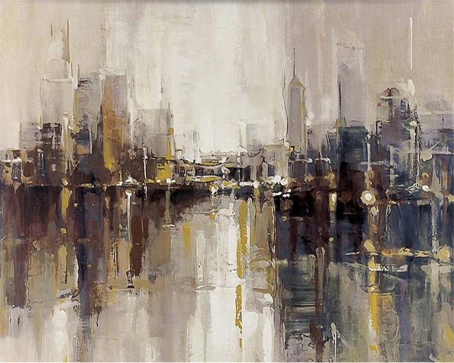 Abstract Impressionist Cityscape Oil Painting with Golden Accents and Water Reflections HD wallpaper