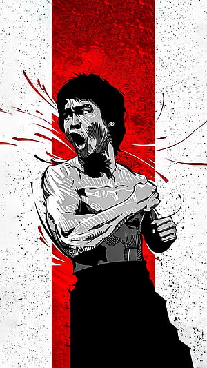 Bruce Lee Stylized Illustration with Red and Black Ink Splatter Design HD phone wallpaper