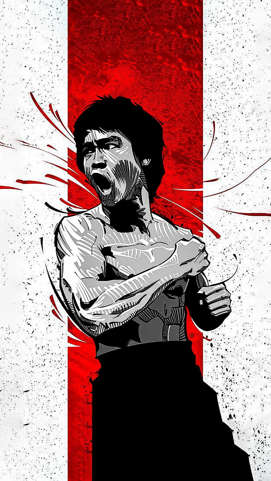 Bruce Lee Stylized Illustration with Red and Black Ink Splatter Design HD phone wallpaper