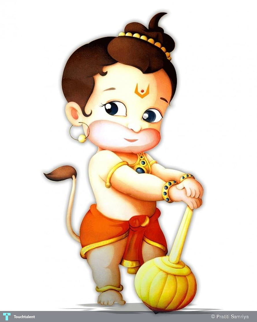 Cute Baby Hanuman Cartoon Illustration with Mace and Tail HD phone wallpaper