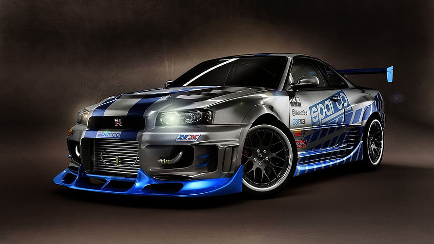 Nissan Skyline R34 GT-R Widebody Concept with Blue and Silver Livery HD wallpaper