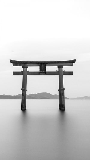 Minimalist Black and White Torii Gate Standing in Calm Water with Distant Mountains HD phone wallpaper