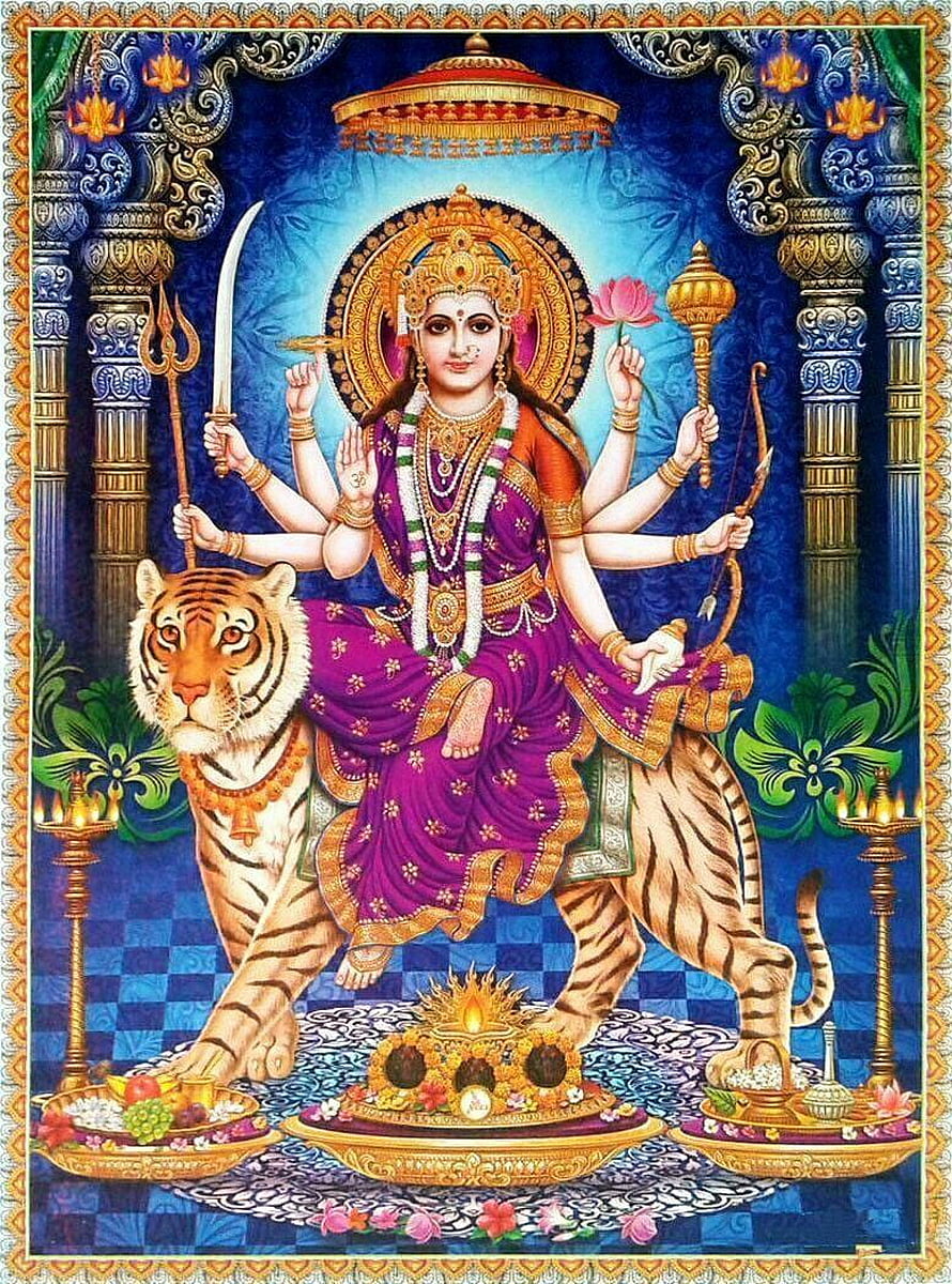 Maa Durga Riding Tiger Traditional Indian Deity Artwork with Offerings and Temple Architecture HD phone wallpaper