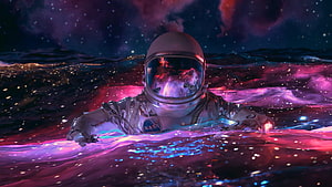 Astronaut Floating in Cosmic Nebula Water with Neon Pink and Blue Reflections HD wallpaper