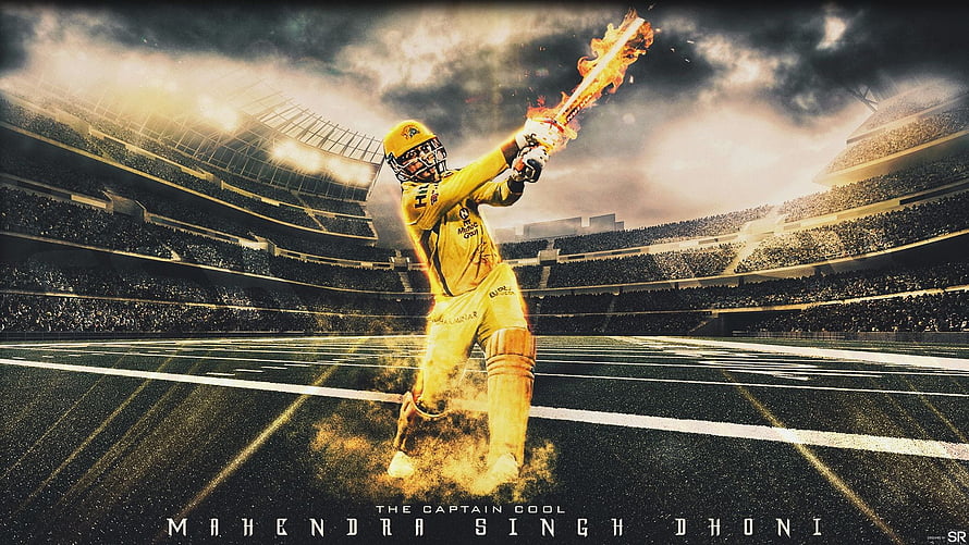 Mahendra Singh Dhoni in CSK Yellow Kit Swinging a Flaming Cricket Bat in a Stadium HD wallpaper