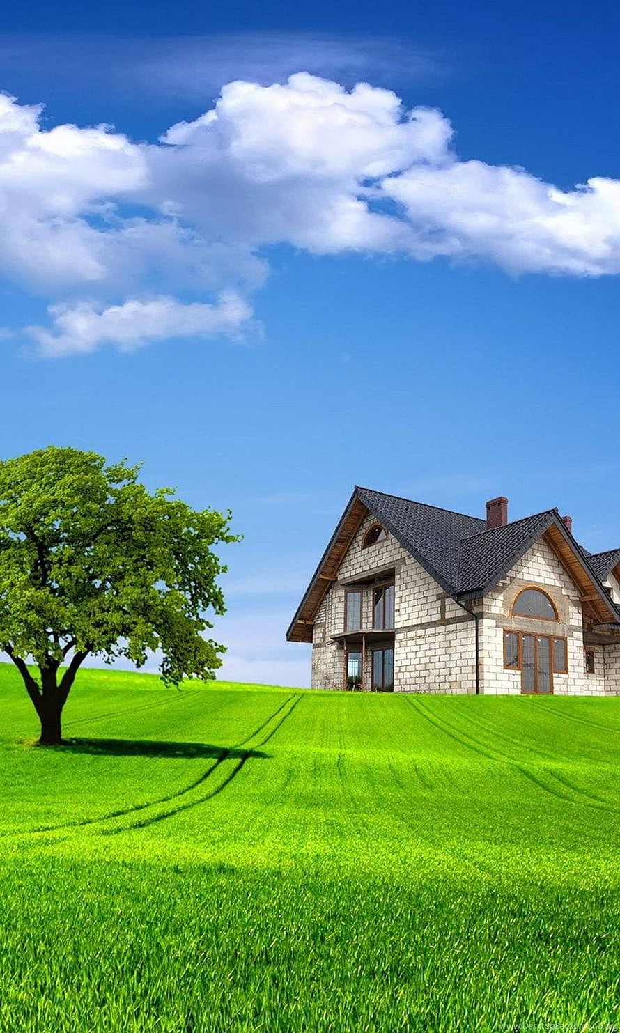Rustic stone cottage on a vibrant green hillside under a bright blue sky with fluffy white clouds HD phone wallpaper