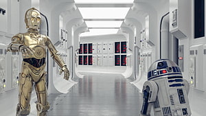 C-3PO and R2-D2 in a Star Wars spaceship corridor with white walls and red control panels HD wallpaper