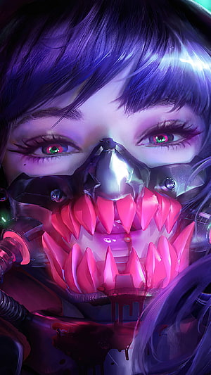 Cyberpunk Girl with Mechanical Jaw and Neon Pink Teeth in Purple Digital Art HD phone wallpaper