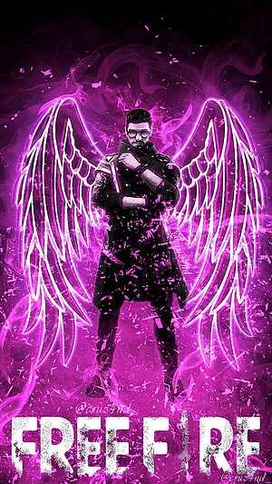 Free Fire Character with Glowing Purple Wings and Smoke Effects HD phone wallpaper
