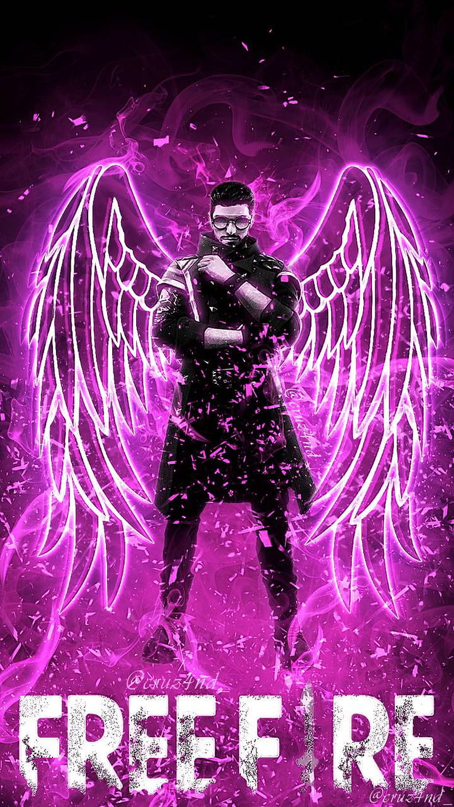 Free Fire Character with Glowing Purple Wings and Smoke Effects HD phone wallpaper